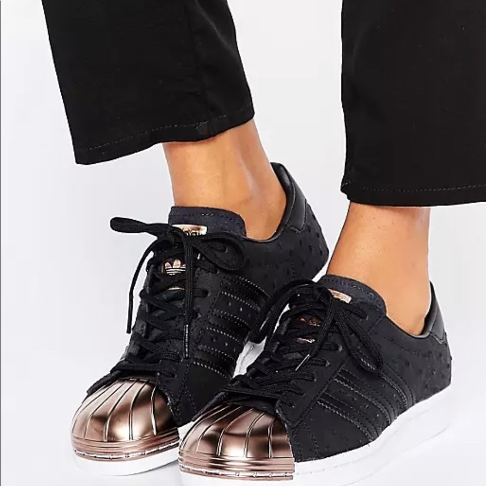 Adidas Originals Black Metallic Superstar Sneakers With Rose Gold Toe Cap